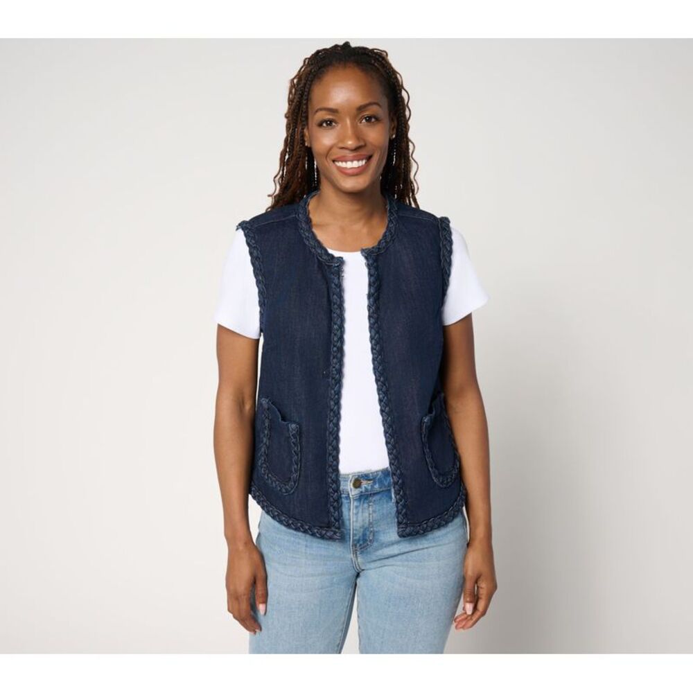 Liberare Women's Plus Sz Jacket 3X Denim Vest Braided Trim Blue A692540